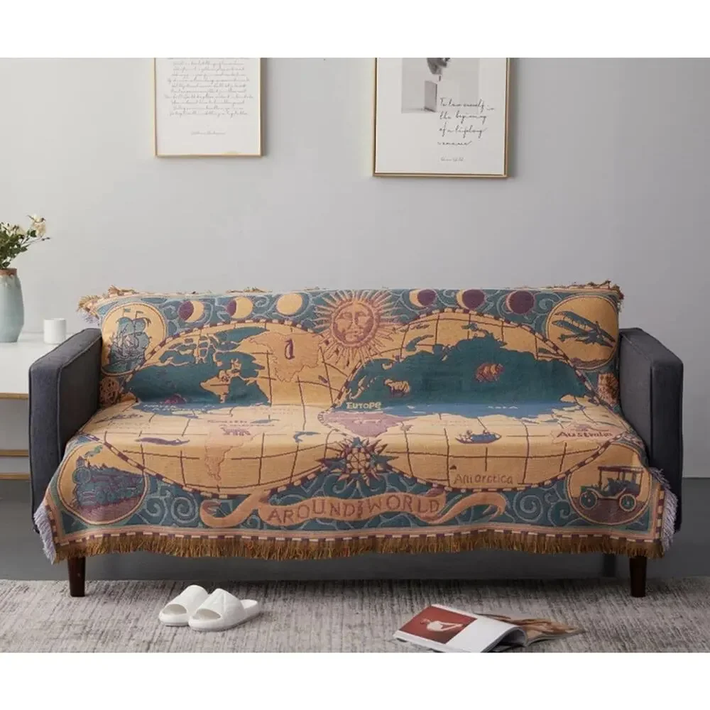 World Map Throw Blanket Wall Tapestry 3 Layers Cotton Woven Sofa Blanket 70x51”